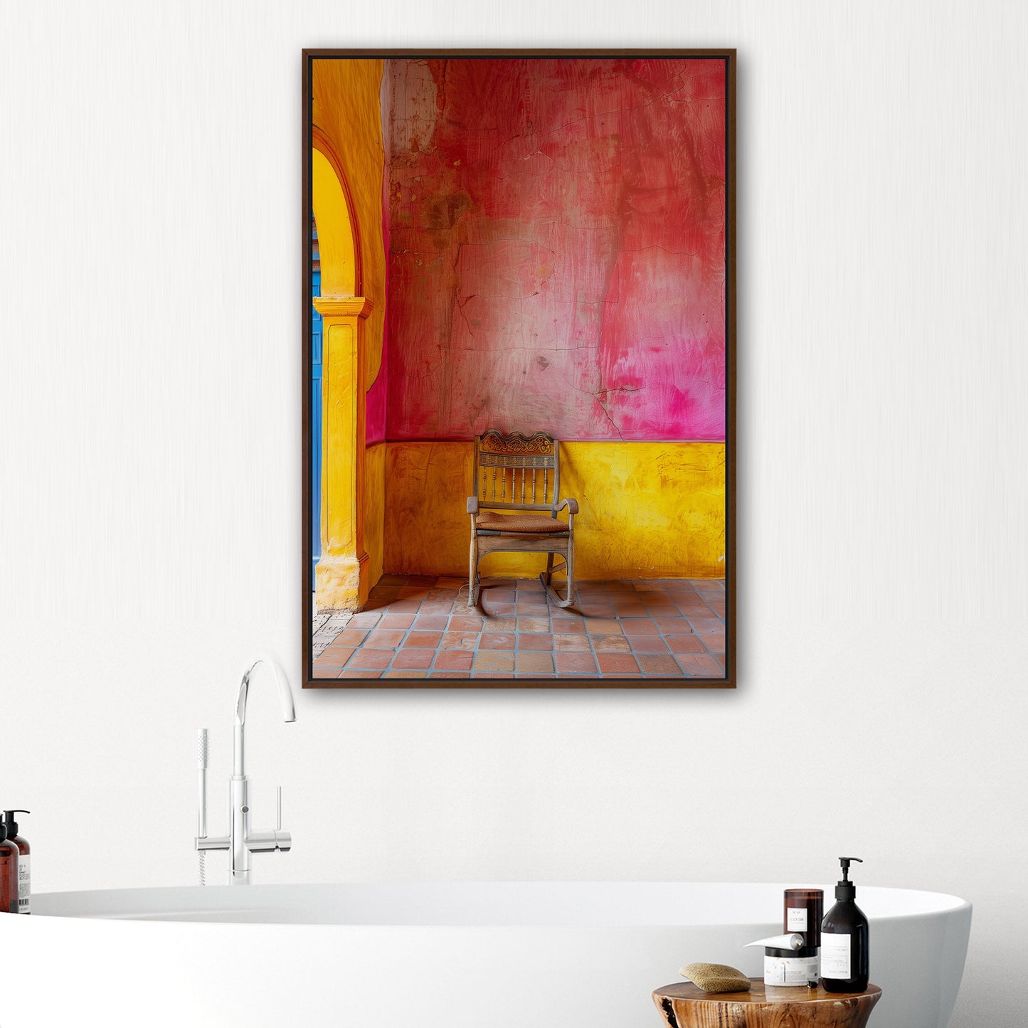 Old Wooden Chair Against a Textured Wall - Vibrant Still Life