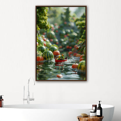 Tranquil landscape with watermelon mountain, miniature adventurers paddling red boat - Magical Watermelon Adventure