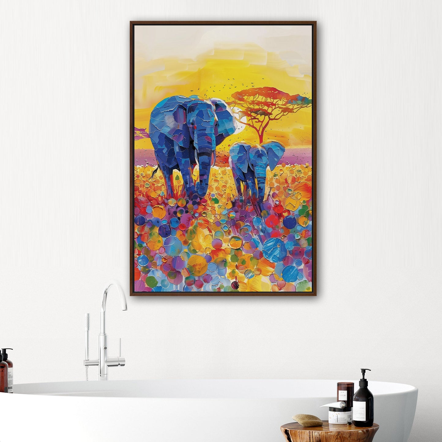 Impressionist Elephant with Child Wandering the Sahara - Elephant Bonding at Sunset