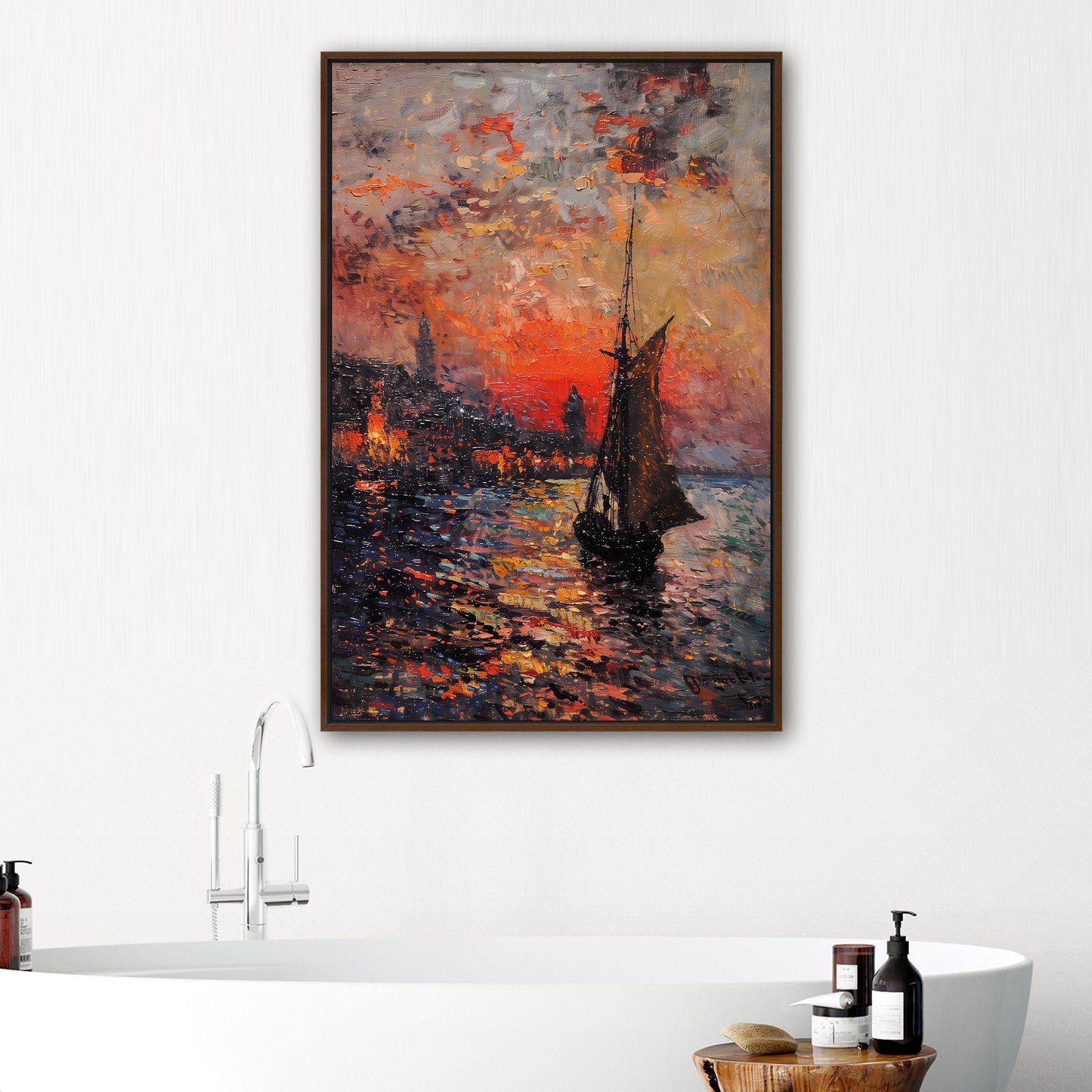 Impressionist Landscape of Sailboat Arriving at a Town - Sunset Dreams Over Lisbon Skyline Monetized