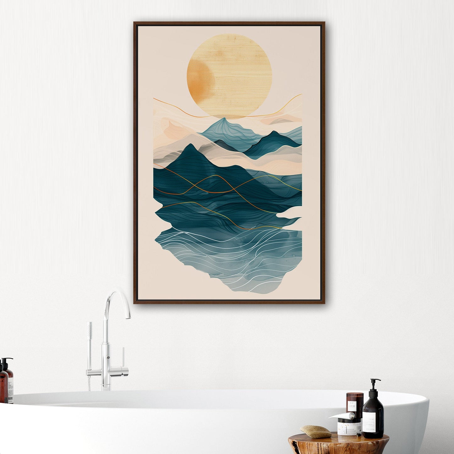 Abstract wall art featuring ocean waves, mountains, and sun - Tranquil Nature Revival