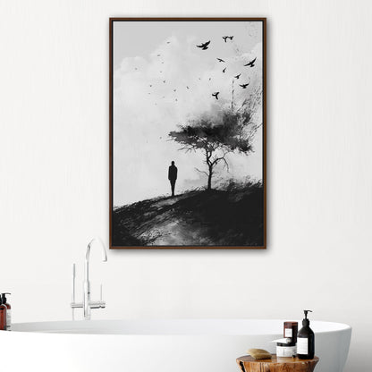 Painting of Silhouetted Man by a Tree with Blackbirds- Elegance in Monochrome