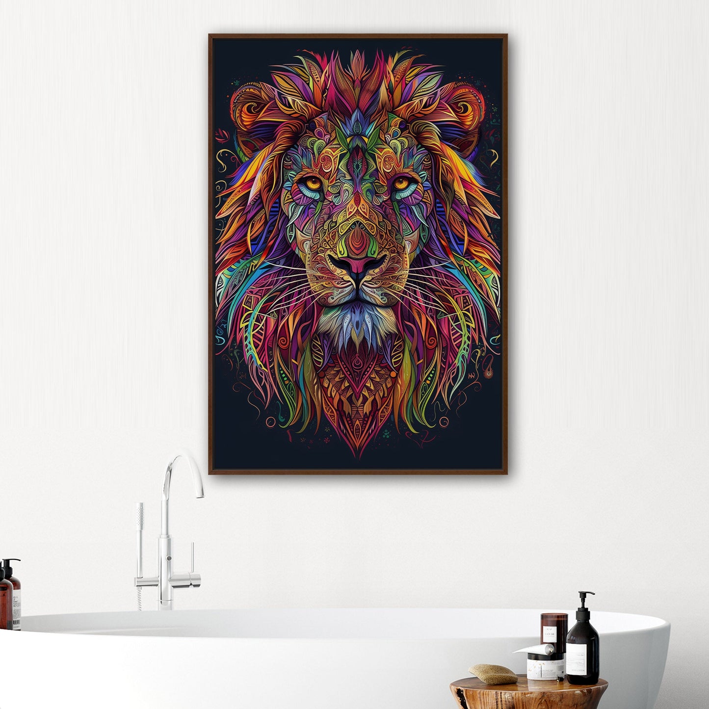 Multicolor Vibrant Digital Drawing of Majestic Lion Face - Lion's Vibrant Mandala Dance