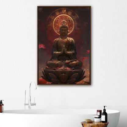 Buddha Statue in Lotus Position, Red Hues - Serene Ascension