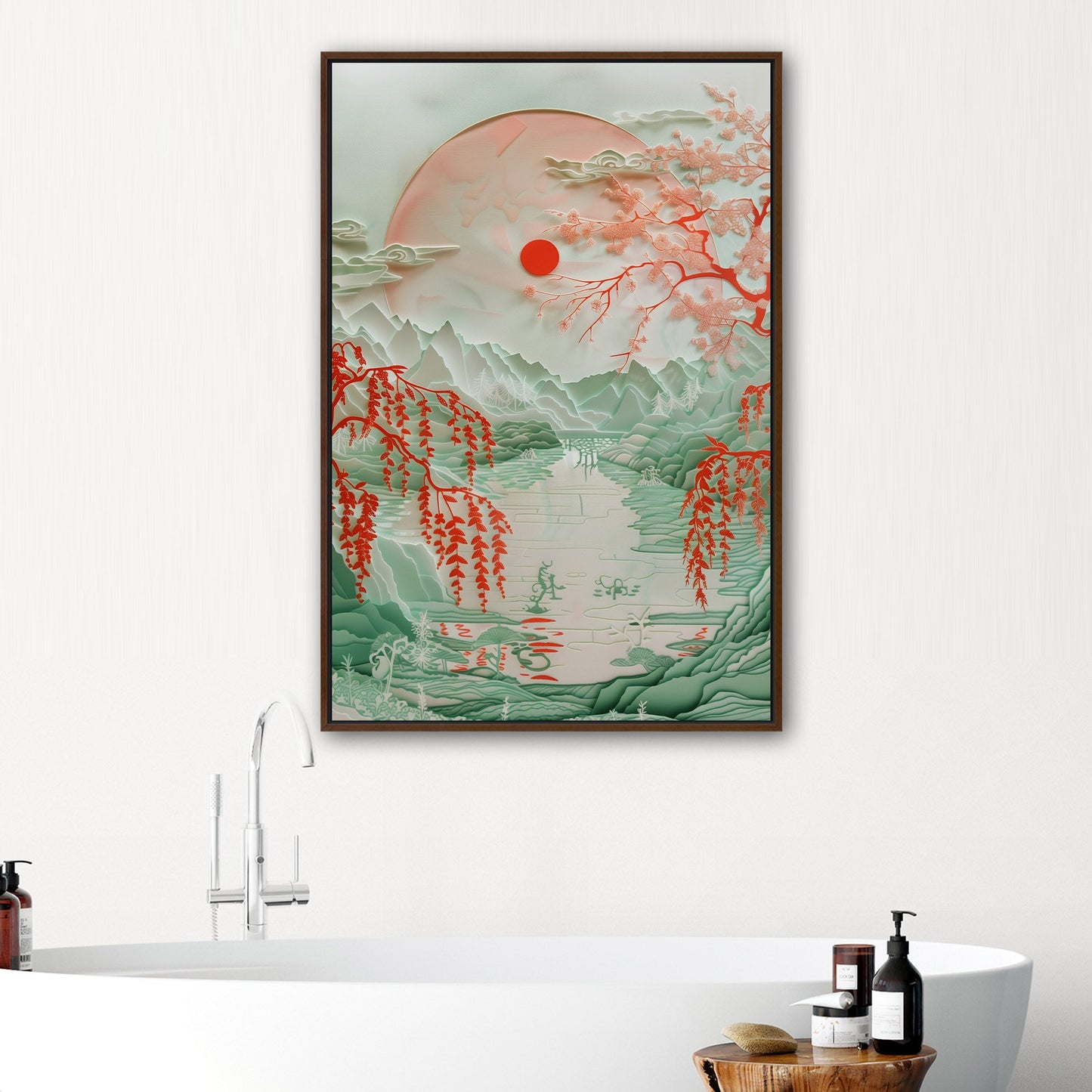 Asian Paper cut style landscape art - Ethereal Willow Dance on Crimson River