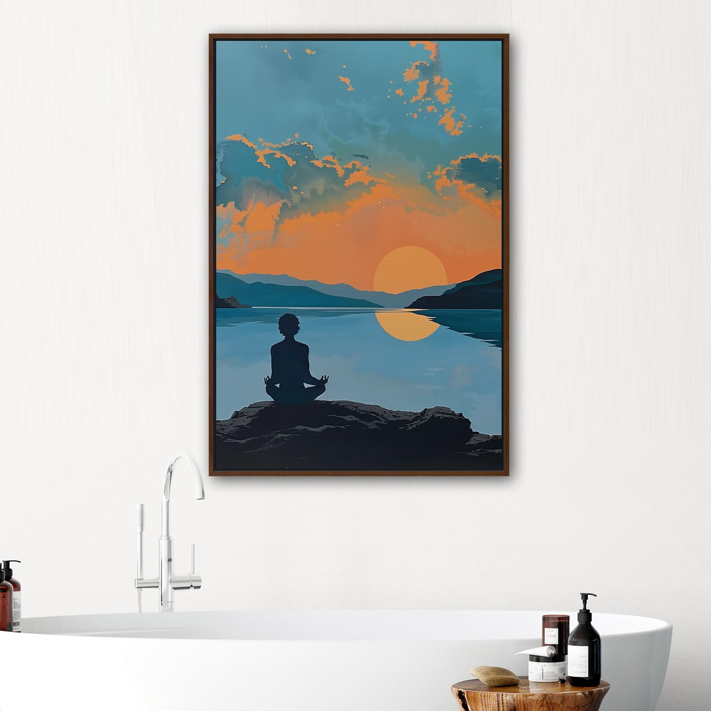 A serene landscape with a person meditating at sunrise: Transcendental Dawn Awakening