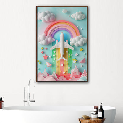 Whimsical paper-cut art featuring plane - Dreamy Rainbow Flight