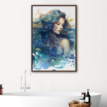 Watercolor Mermaid Portrait in Blue - Enchanting Mermaid's Mystical Underwater Dance