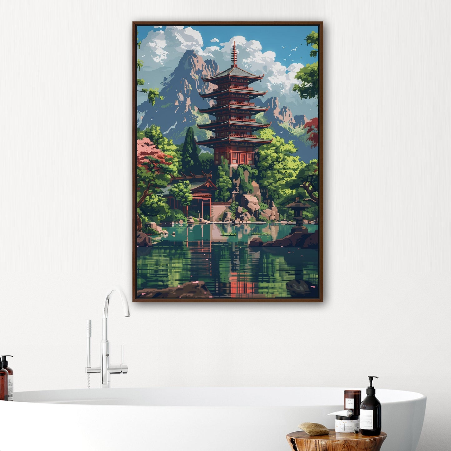 Japanese-inspired fantasy lake pixel art - Enchanted Oasis