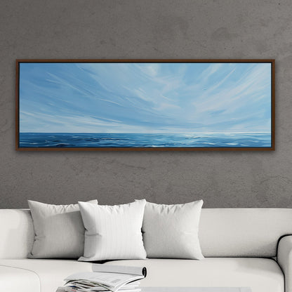 Minimalist abstract brush stroke painting of ocean and blue sky - Tranquil Seaside Serenity