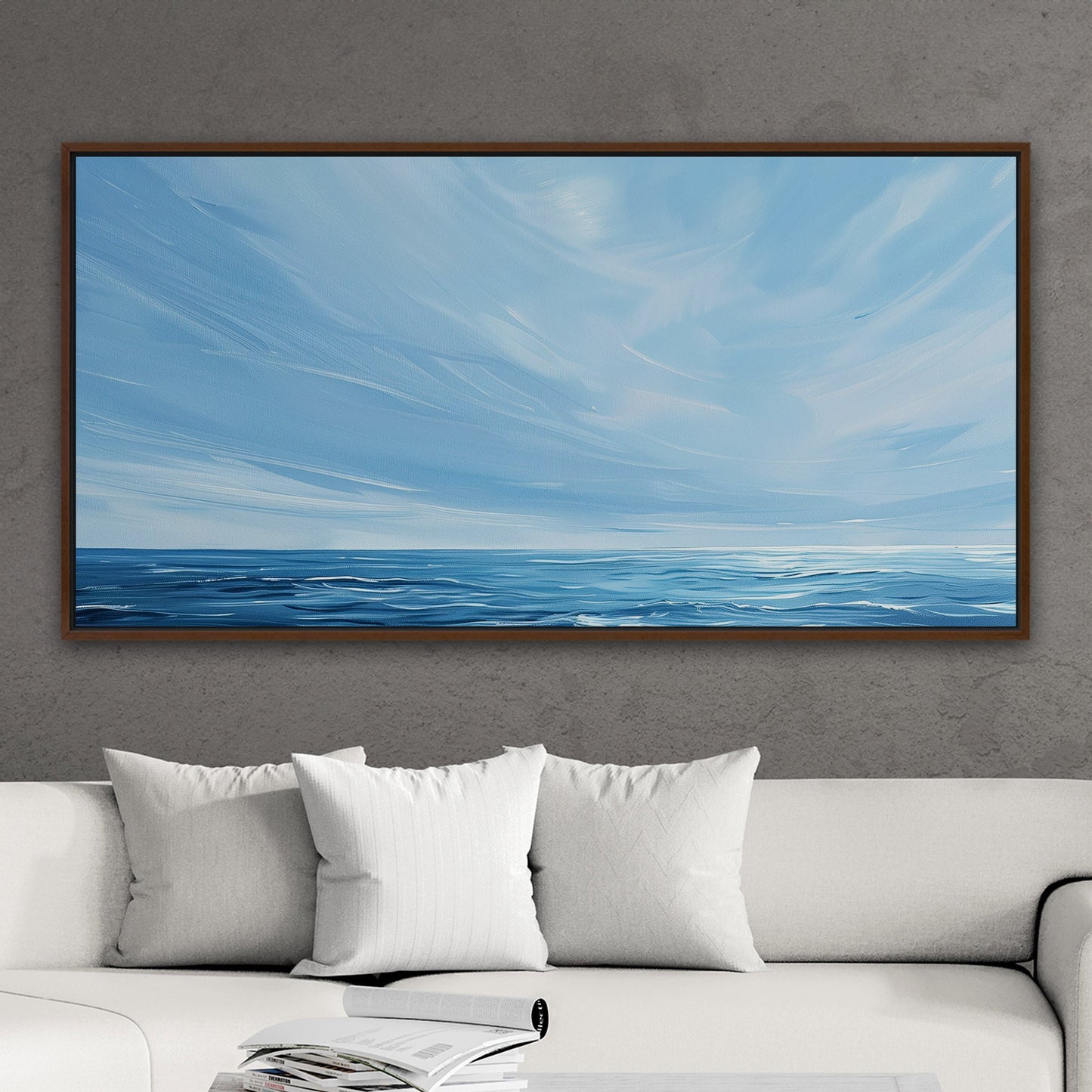 Minimalist abstract brush stroke painting of ocean and blue sky - Tranquil Seaside Serenity