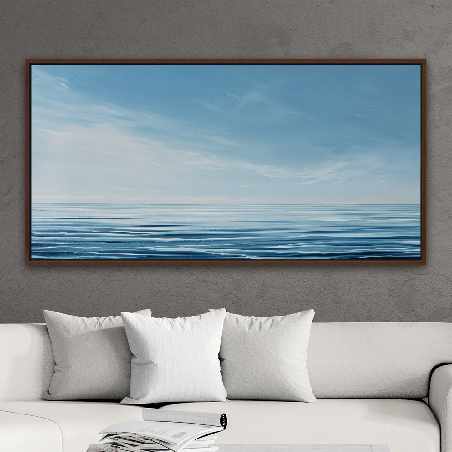 Minimalist abstract brush stroke painting of ocean and blue sky - Tranquil Serenity