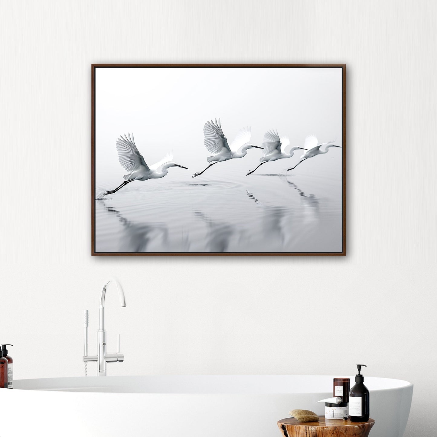 Tranquil wall art depicting elegant egrets flying over serene lake - Serene Flight