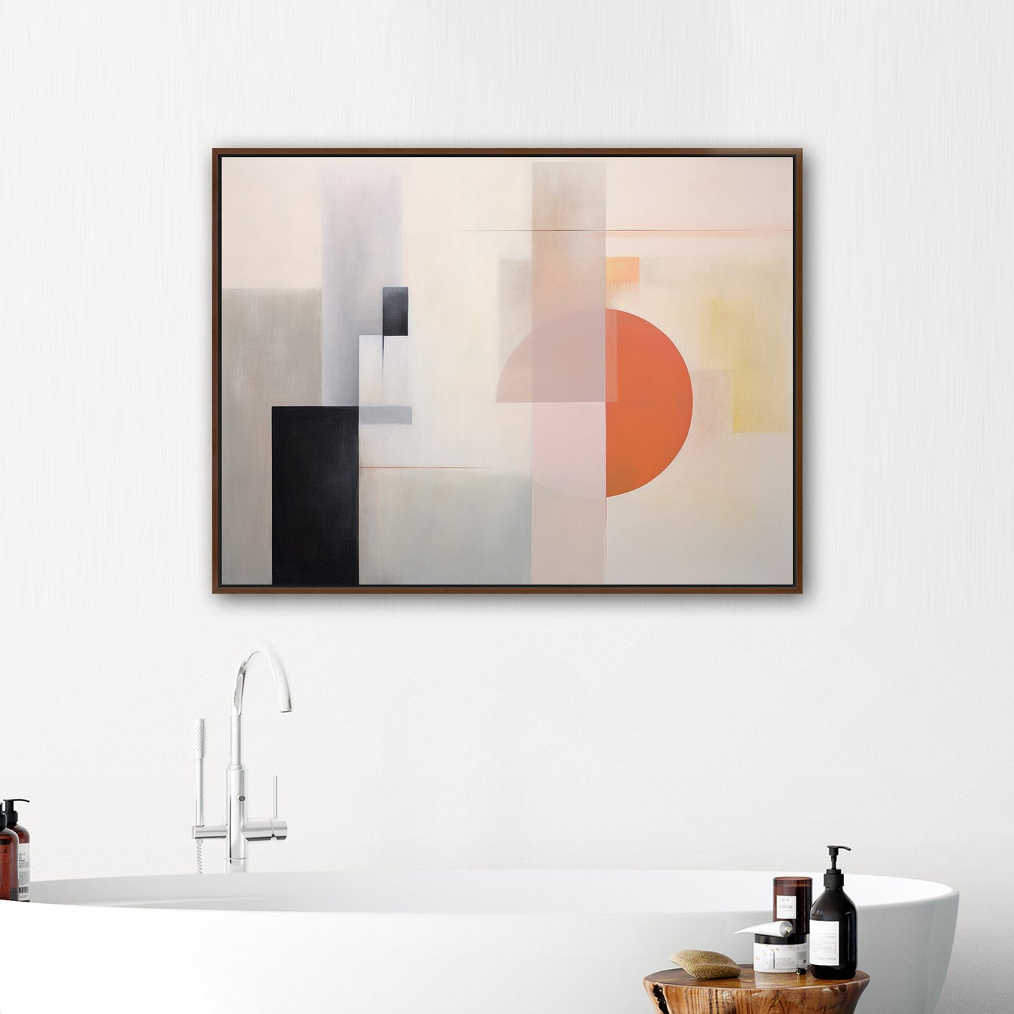 Abstract Geometric Black, Grey, Orange Shapes Painting - Mystic Horizon