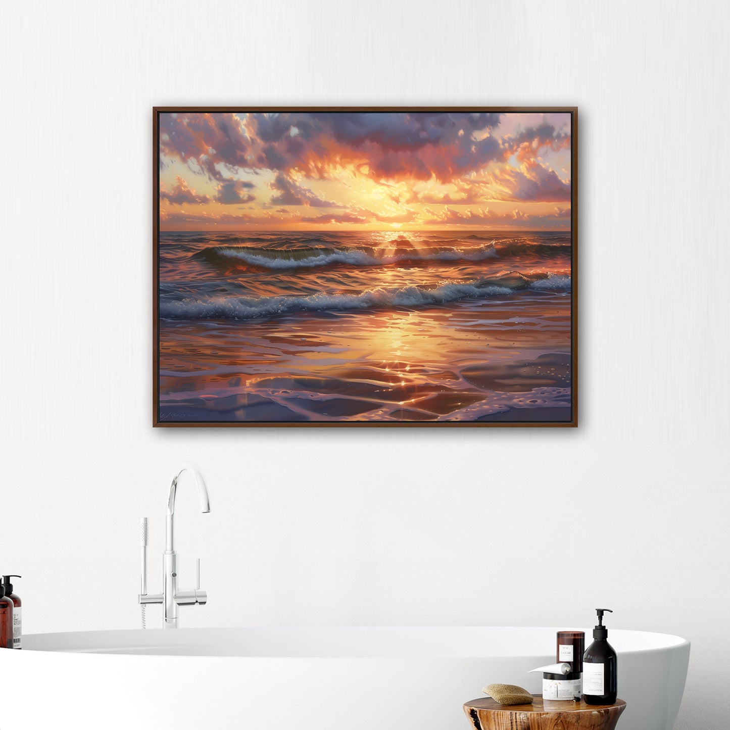 Seascape art piece capturing coastal tranquility - Coastal serenity Sunset Bliss