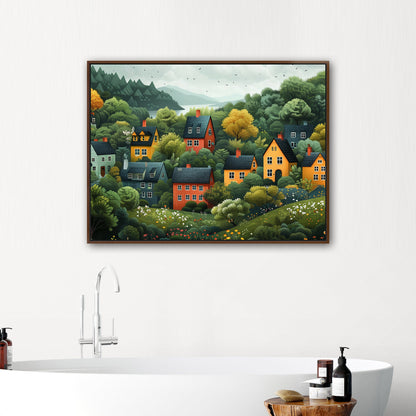 Naive art style illustration of a cute neighborhood down a hill by a lake. - Enchanting Lakeside Village