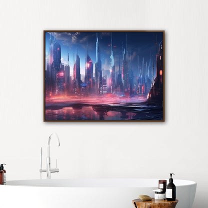 Painting of a Futuristic Cyberpunk City Skyline - Neon Metropolis Glow