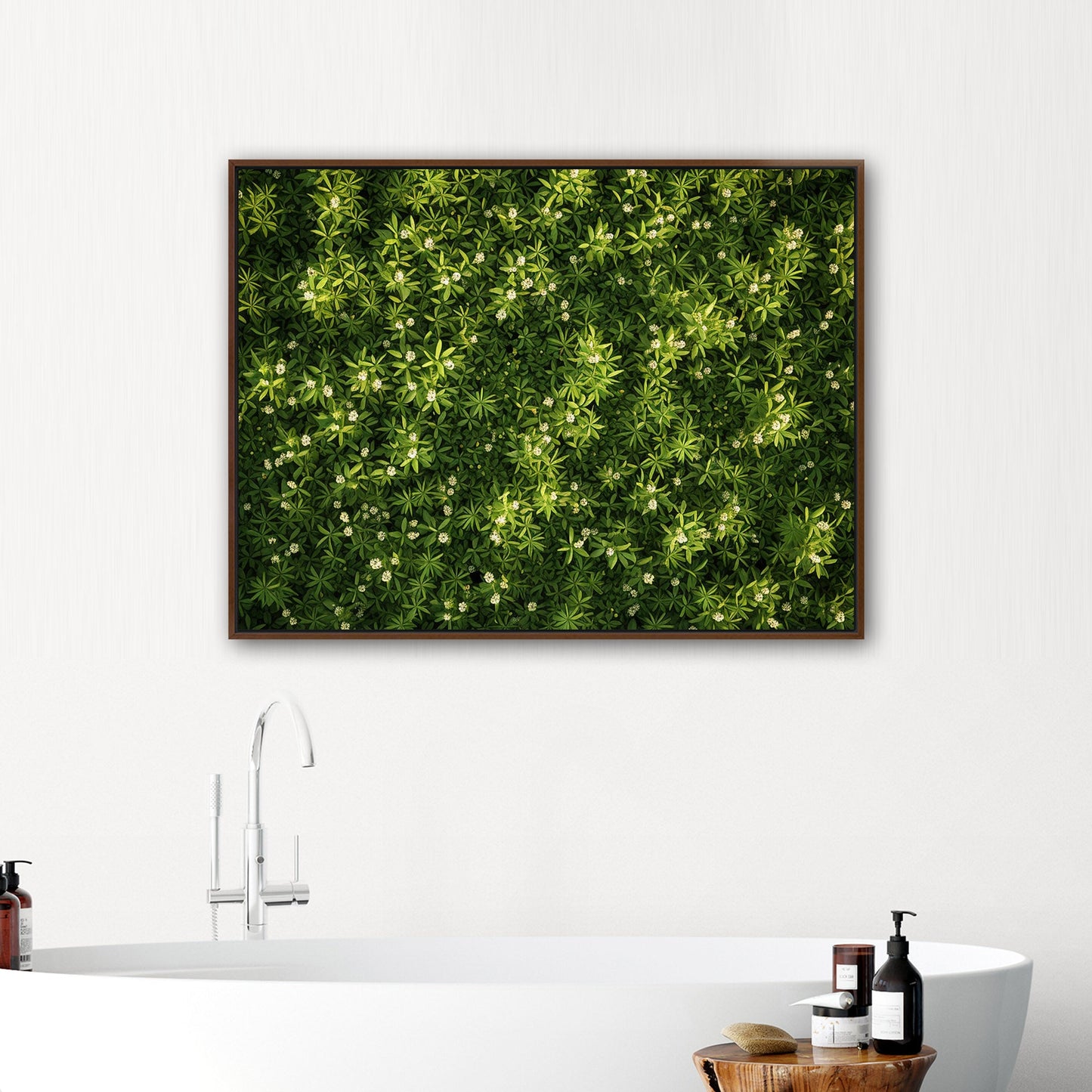 Stunning wall art with lush greens and tiny wildflowers - Enchanted Oasis