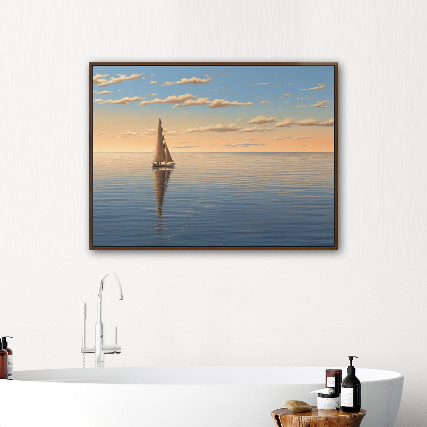 Lone Sailboat at Sunset Painting - Tranquil Sails on the Vast Horizon